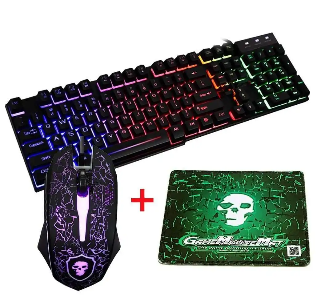 Радужная подсветка игровая клавиатура и мышь с подсветкой+ мышь 2400 dpi+ коврик для мыши Combo Gamer USB Эргономичный Комплект клавиатуры и мыши
