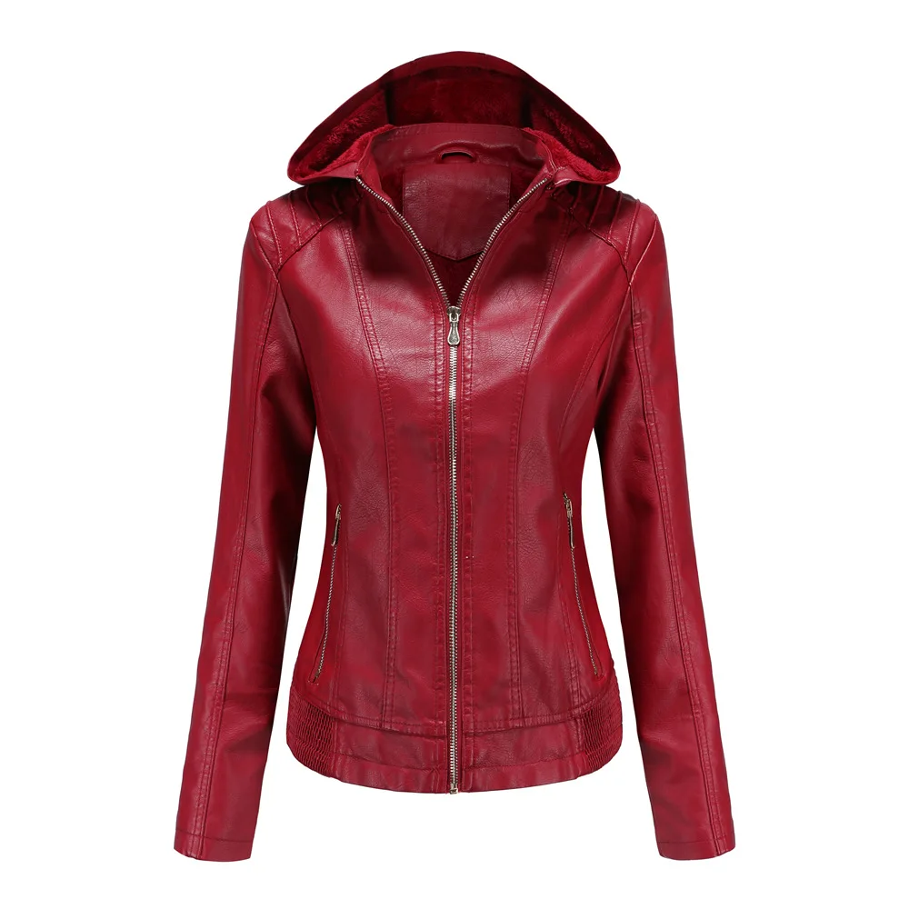 2021 new European and American autumn and winter women's clothing detachable hooded leather coat Plush warm jacket
