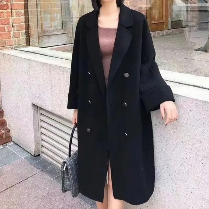 Elegant Beige Women Woolen Coat Autumn Winter Double-Faced Cashmere Outerwear OL Style Fashion Single Breasted Loose Overcoat | Женская