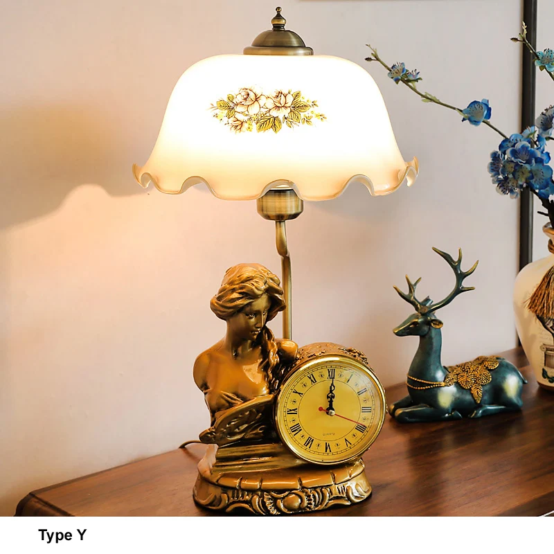 

Antique Brass Table Lamp Book Reading lights Flower Glass Shade E27 Girl's Desk lights with Clock Bedroom Bedside lamp D100