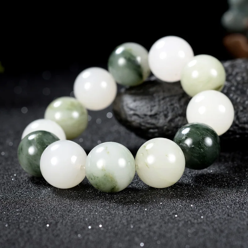 Pulsera de Jade Natural genuino para hombre, cuentas de piedra de Jade de 18mm, brazaletes grandes con cuentas elásticas, accesorios para hombre, joyería