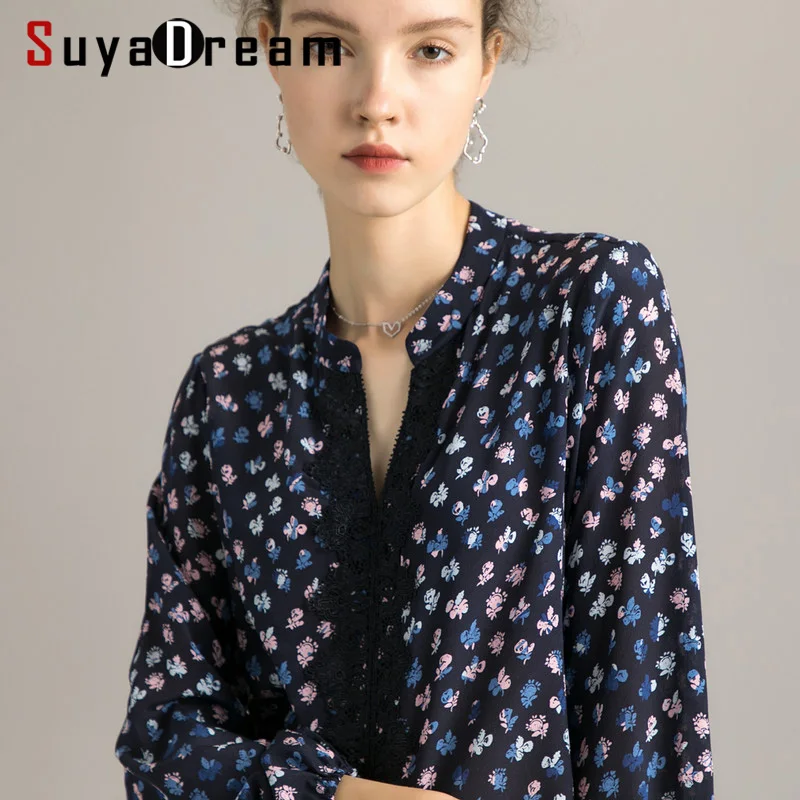 SuyaDream женская блузка из 100% натурального шелка с принтом Кружевная блуза v