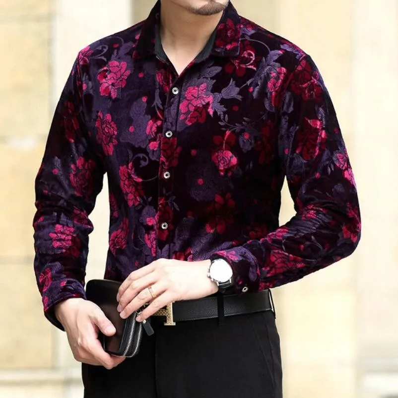 Рубашка мужская бархатная с длинным рукавом роскошная велюровая бордовая блузка