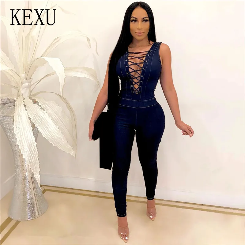 

KEXU Women Deep V Neck Lace Up Sleeveless Denim Playsuit High Waist Pockets Jean Jumpsuit Sexy Club Party Overalls Romper