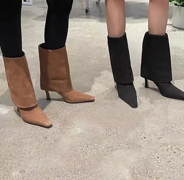 Fashion Woman Black Khaki Solid Color Suede Fold Knee High Frosted Trouser Boots Female Square Toe Tube Slip On Slim Long Botas