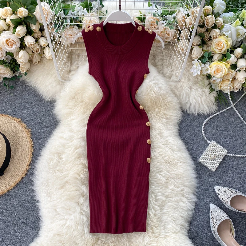 

Женское трикотажное платье Amolapha, однотонное платье без рукавов с пуговицами