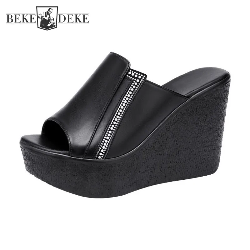 

Summer Women Super High Heels Peep Toe Slip On Sandals Genuine Leather Slides Fashion Wedges Thick Platform Sandals Plus Size