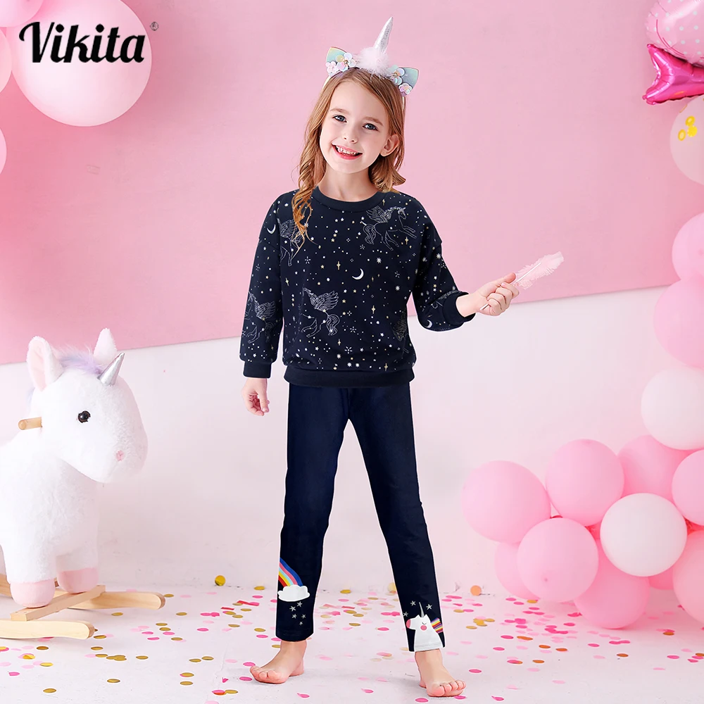 VIKITA Girls Clothing Set 2PCS Christmas Outfits Long Sleeve Girls SweatShirt + Unicorn Leggings Winter Warm Cartoon Kids Suit