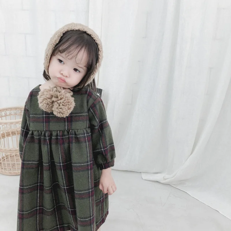Autumn Winter cute girls fashion puff sleeve plaid long dresses baby kids wollen casual all-match princess dress | Детская одежда и