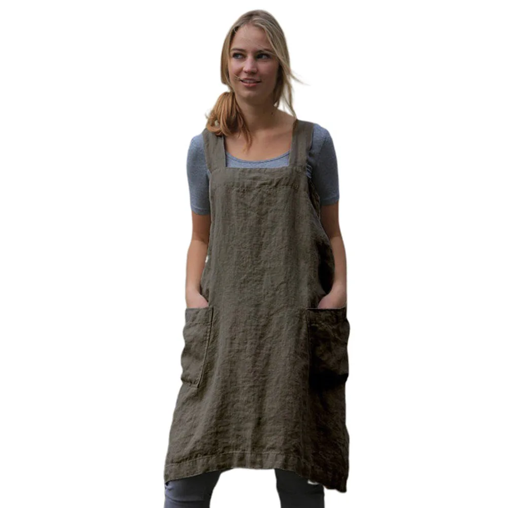 

Women Cotton Linen Apron Sleeveless Home Cooking Cleaning Cover Florist Dress Solid Color Loose with Front Pockets Breathable
