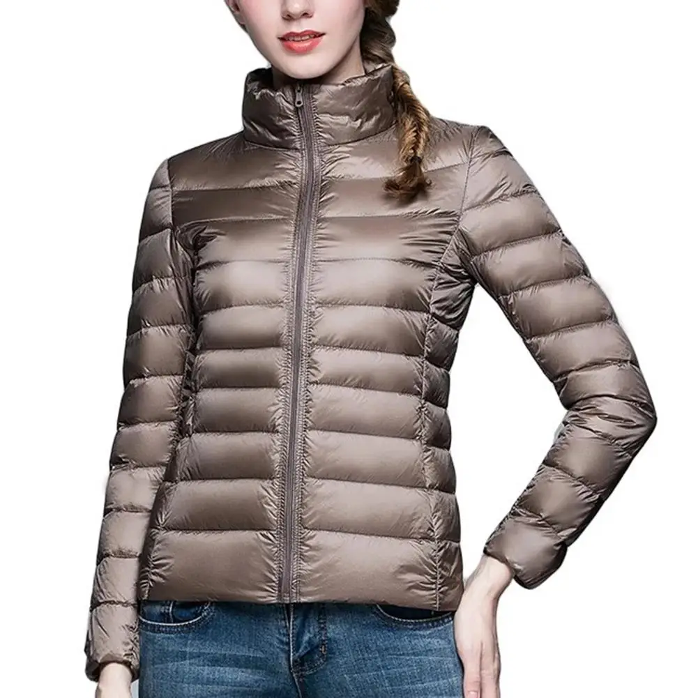 Шикарный женский однотонный пуховик с длинными рукавами на осень зиму