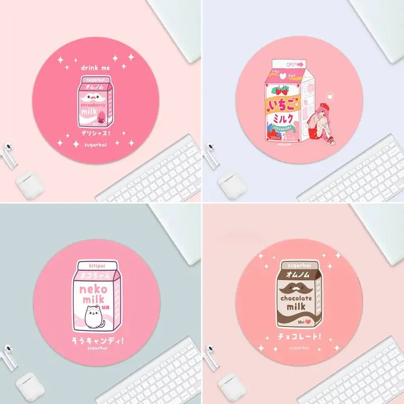 

Kawaii Japanese Strawberry Milk Mice Retail Rubber Mousepad Small Rubber Desk Table Protect Game Office Work Round Mouse Mat Pad