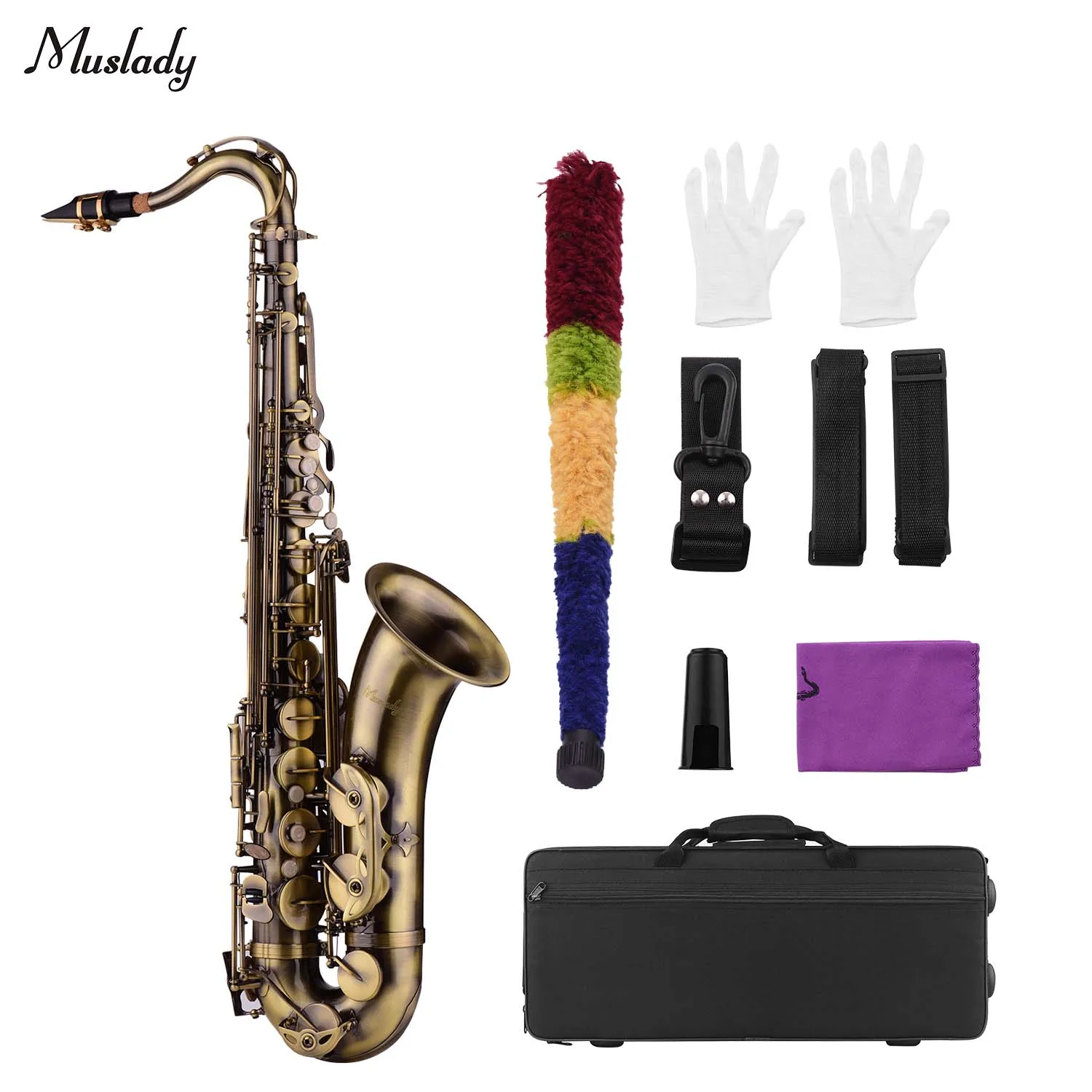 

Muslady Antique Finish Bb Tenor Saxophone Sax Brass Body White Shell Keys Woodwind Instrument with Carry Case Gloves