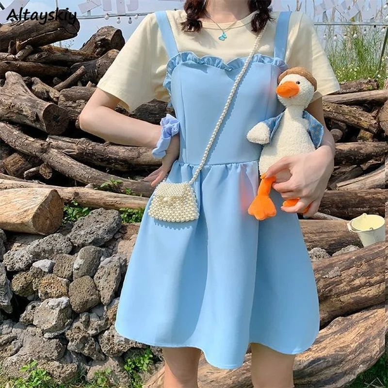 

Women Dress Sets Solid Ruffles Fashion Spliced Sweet Korean Style Fairy Above Knee High Waist A-line Teens Gentle Elegant Lovely