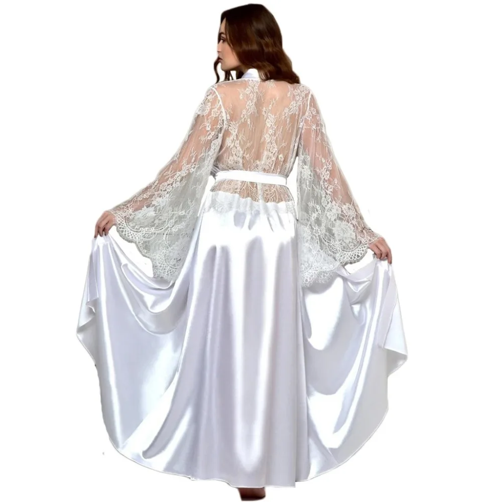Сексуальные кружевные женские халаты, пижамы peignoir femme шелковые, атласные, с кружевами нижнее белье пижамы кимоно длинный халат подружки невесты Gow халат атласный