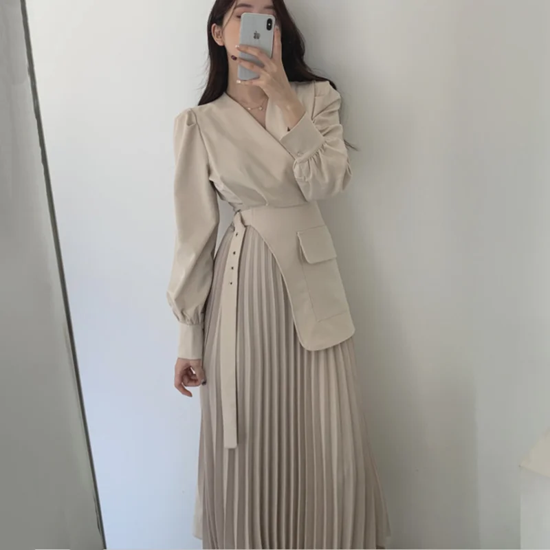 Платье женское Плиссированное с V-образным вырезом длинное однотонное