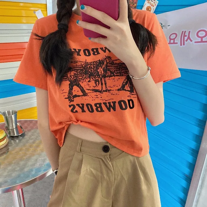 

New hot-selling short cotton T-shirt women short retro style Korean loose girl street sportswear 2021 trend top T-shirt women
