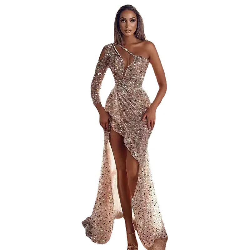 

WEPBEL High Waist Slit Dress Women's Casual Sequined Slim Long Sleeve Dress Sexy Single Breasted Evening Party Irregular Dress