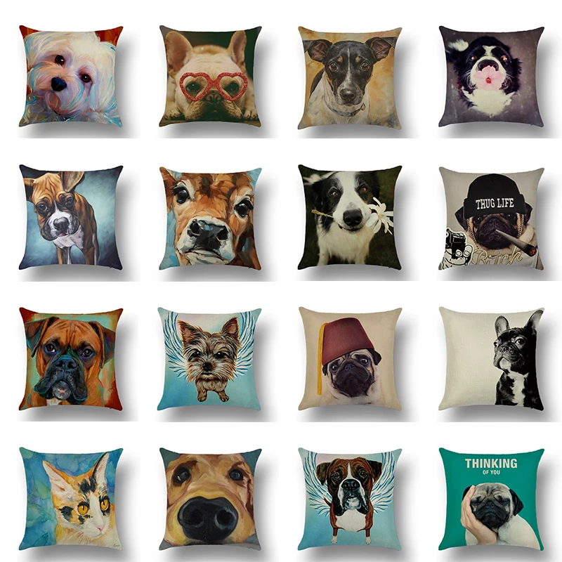 

45*45cm Linen Cute Dog Pillow Case Pug Printed Sofa Car Bed Sofa Pillowcase Bedroom Decoration Cushion Cover Square Home Decor