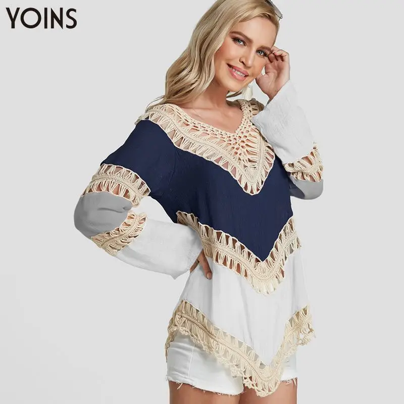 YOINS Цвет Бохо блок полые v-образным вырезом крючком Кружева Украшенные с длинным