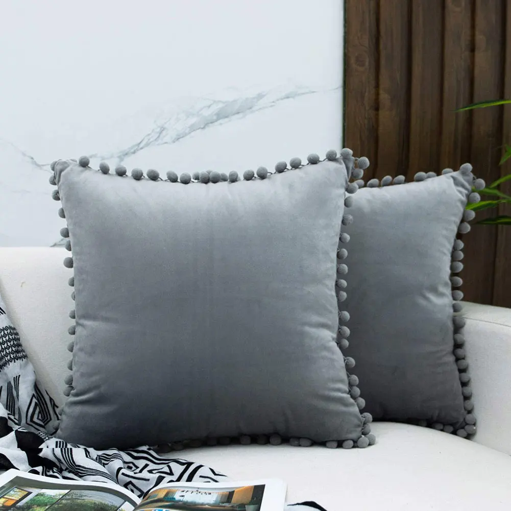 

Morden Pillow Covers Square Velvet Cushion Pillowcases With Pompom Lace Soft Decorative Pillow Cloth For Home Sofa Bed Grey