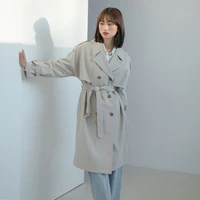 2022 new korean fashion womens double breasted basic midi trench coat loose fall winter oversized windbreaker raincoat
