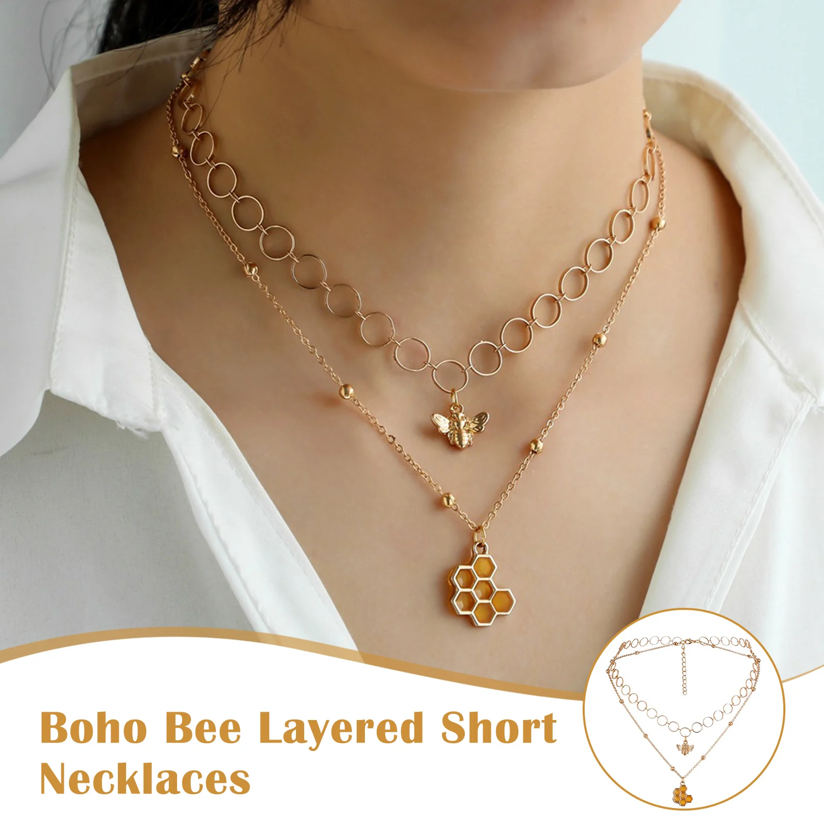 Newly Boho Bee Layered Short Necklaces Gold Honeycombs Pendant Necklace Beaded Chain for Women and Girls DOD88 | Украшения и