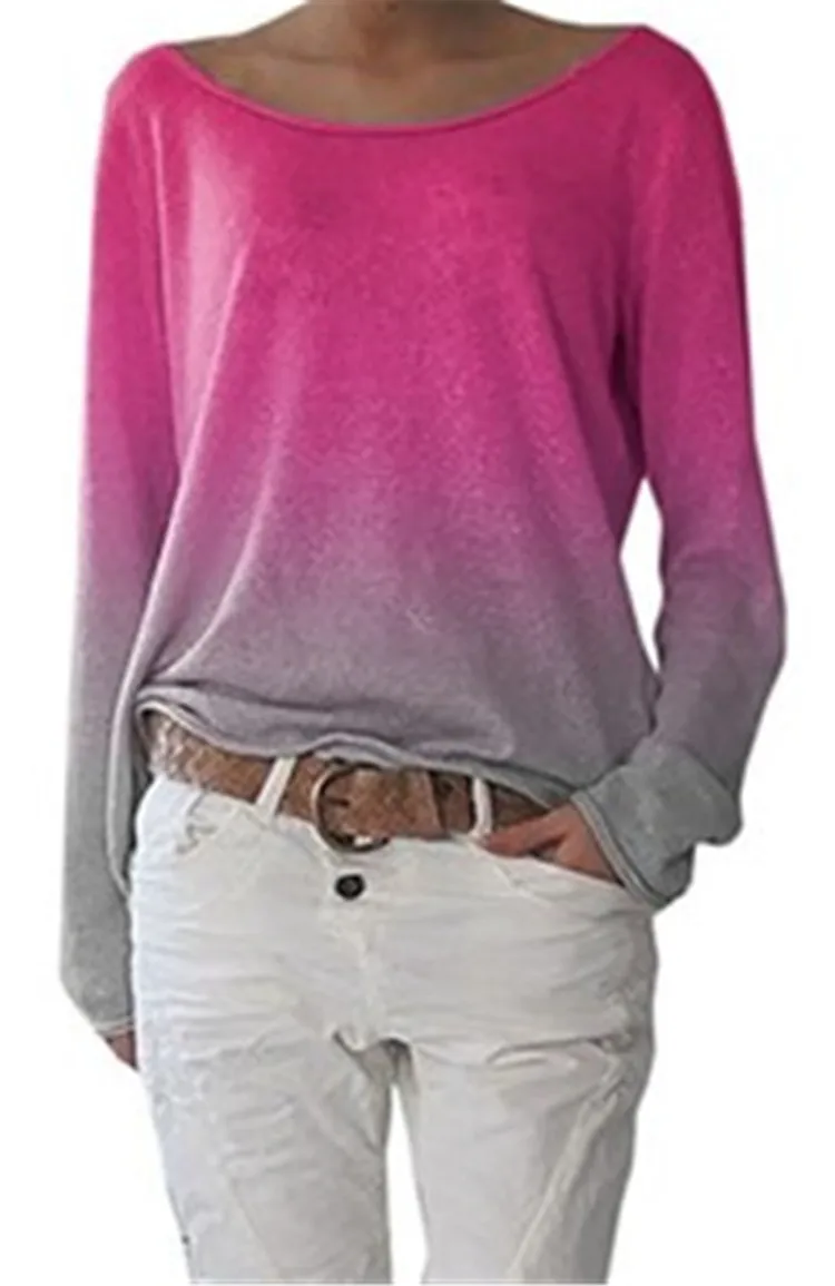 Women Gradient T-shirt 2019 New Fashion Loose Tops Long Sleeve Hot Sale T-shirts European American Style Plus Size S-3XL GMT21 | Женская