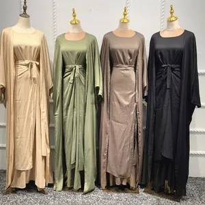 3 Piece Matching Set Women Turkey Muslim Dress Dubai Celebrities Fashion Outfit Plain Kimono Open Ab in USA (United States)