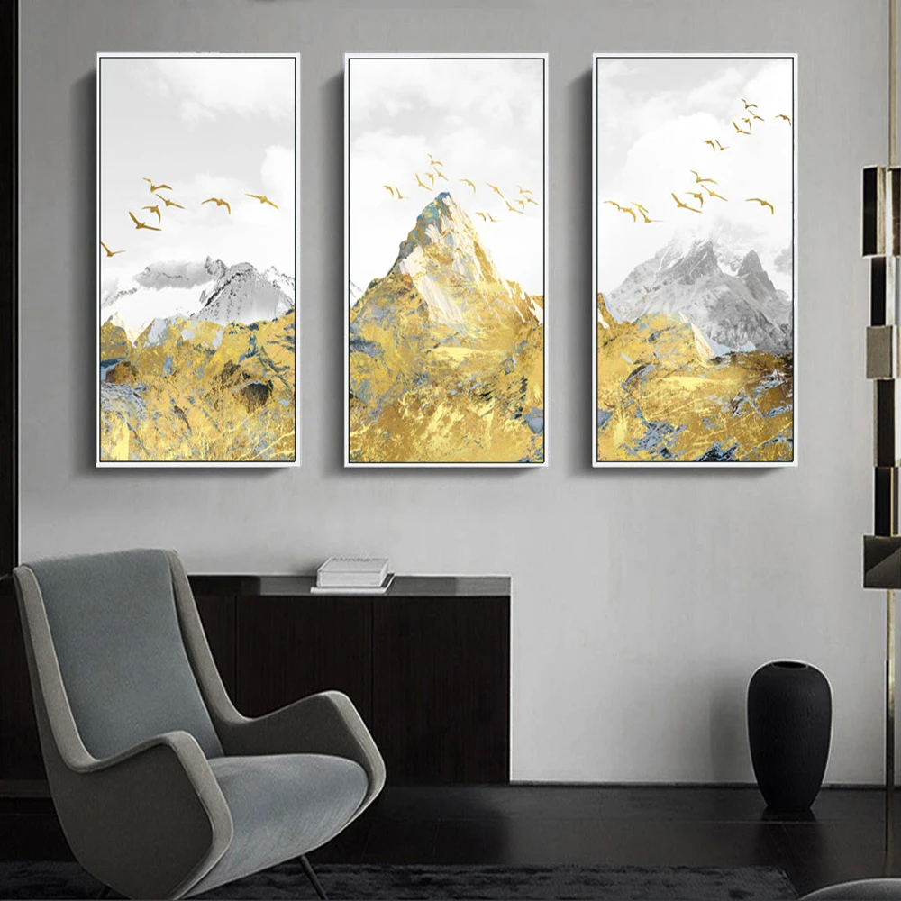 Abstract gold foil snowmountain Birds Wall art print on canvas Modern Painting Golden poster Pictures for Living Room Home Decor | Дом и сад