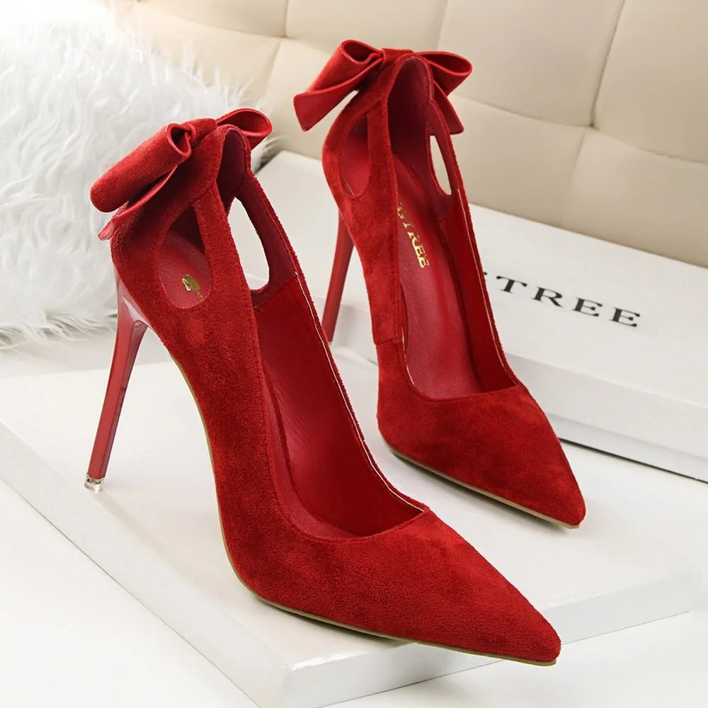 

10.5cm Elegant Women Thin Heels High Heels Ladies Pumps Butterfly Knots Pink Black Super High Heel Designer Female Party Shoes