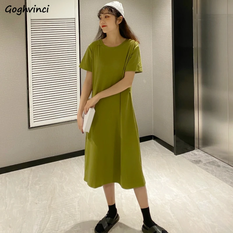 

Платье с короткими рукавами для женщин летние однотонные женские ботинки до середины икры; Свободная размера плюс 3XL тонкий в Корейском сти...