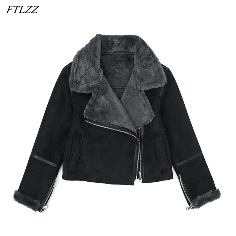FTLZZ Women Winter Faux Lamb Leather Short Jacket Women Motorcycle Lapel PU Leather Coat Female Zipper Design Splicing Outwear