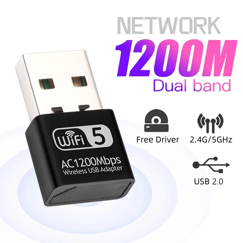 Миниатюрный USB Wi-Fi адаптер 1200 Мбит/с сетевая Двухдиапазонная 2 4G/5 ГГц Ethernet