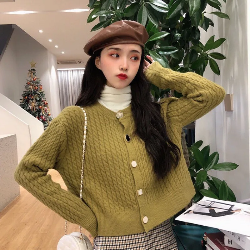 Cardigan Women Knitted Twisted Sweater Long Sleeve Single Breasted O-neck Coat 2020 Autumn Winter Short Jacket |