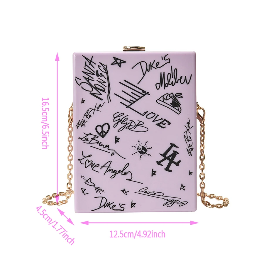 

Fashion Cartoon Printed Acrylic Box Ladies Chain Shoulder Bag Casual Party Clutch Female Purses and Handbags Designer Bag 2021