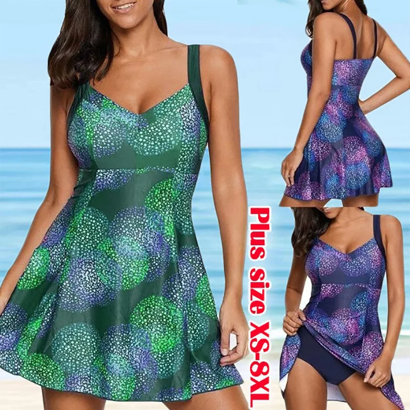 

New Large Size Split Skirt Swimsuit Sling Printed Sweat-Absorbent Breathable Swimwear Leisure Beach Wear