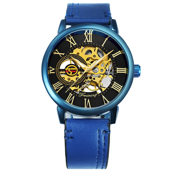 BLUE BLAKC FORSINING новые мужские модные часы, мужские механические часы с синим скелетом, мужские часы от ведущего бренда, Роскошные наручные часы с кожаным ремешком - Цвет: BLUE BLAKC