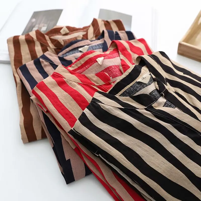 

Summer Striped Shirts Women Blouses Loose Half Sleeve V Neck Lady Tops Female Clothes Black Red