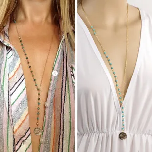 

Fashion Jewelry Handmade Beaded Natural Green Stone Long Chain Sweater Metal Sequins Pendant Necklace
