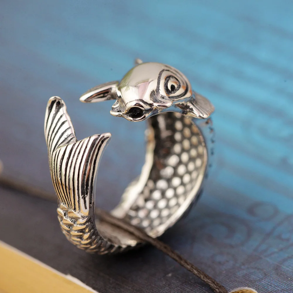 

S925 Sterling Silver Vintage Thai Silver Ring for Women Open Adjustable Carp Goldfish Female Silver Ring