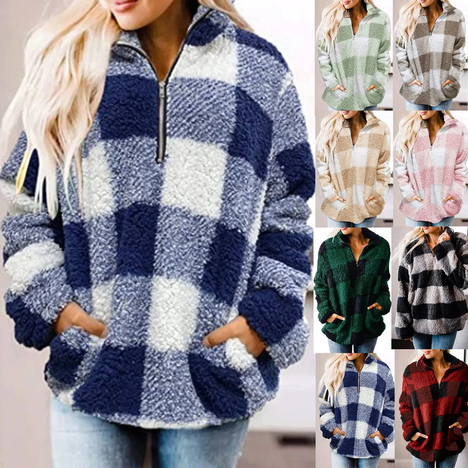 Женский клетчатый свободный спортивный топ с длинными рукавами и карманами на молнии композитный плюшевый