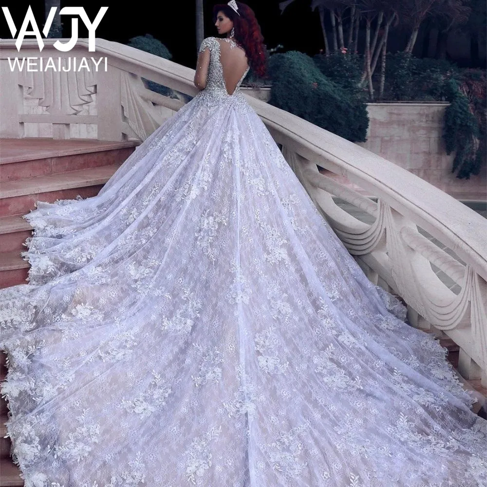 

Luxury Handmade Crystals Full Sleeves Backless Long Court Train Lace Bride Wedding Gowns Dress Vestido De Novia Robe De Mariee