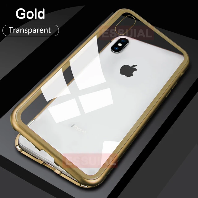 Магнитный адсорбционный металлический чехол для iPhone 11 Pro 7 8 Plus, задняя крышка из закаленного стекла на магните для iPhone 6 6s Plus X XS Max, чехол - Цвет: Transparent Gold