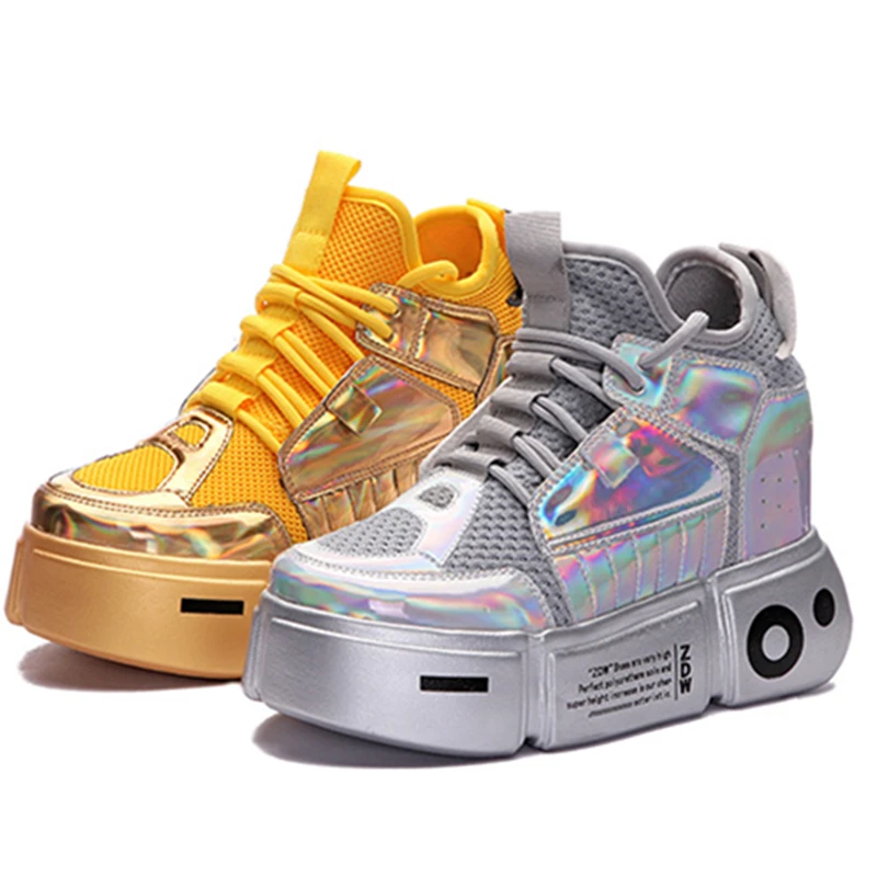 

Hjwsfdcai Woman Internal increase Reflective Casual Shoes Platform Lace-Up Female Dad Shoes Round Toe Mesh Mujer Chaussures 2021