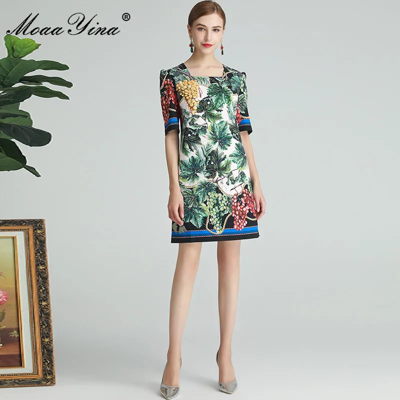 

MoaaYina Fashion Designer dress Summer Women's Dress Square Collar Short sleeve Green leaf Grape Print Beaded Sequins Dresses