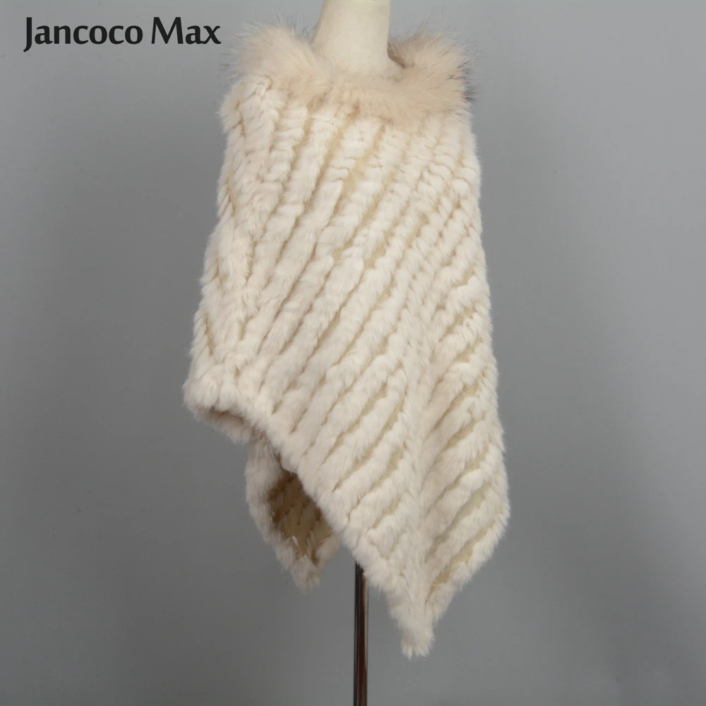 Jancoco Max Новое поступление Настоящее кроличье меховое Вязаное пончо воротник из меха енота шали женские зимние накидки пуловер S7110