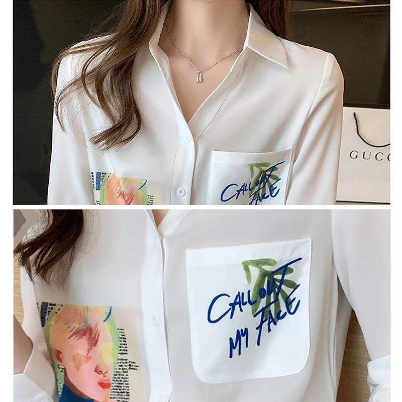 

TIGENA New White Chiffon Blouse Women 2021 Korean Elegant Turn-Down Collar Long Sleeve Tops Button Up Shirt Feminine Chemisiers
