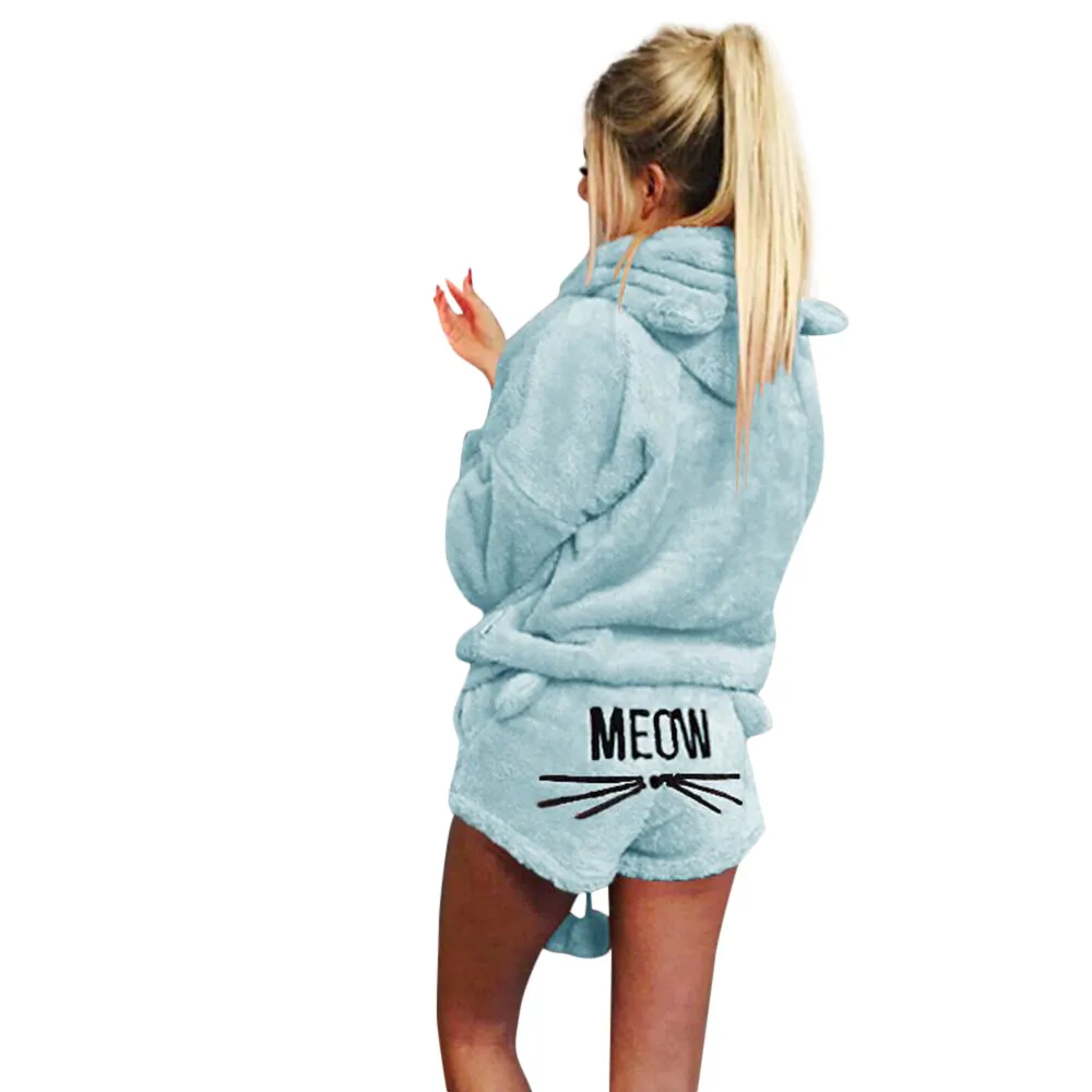 Pijama bonito, женские пижамные комплекты, Осень-зима, фланелевые, Мультяшные, теплые пижамы, Женская домашняя одежда, пижамы с животными, женская пижама с кошкой - Цвет: Небесно-голубой