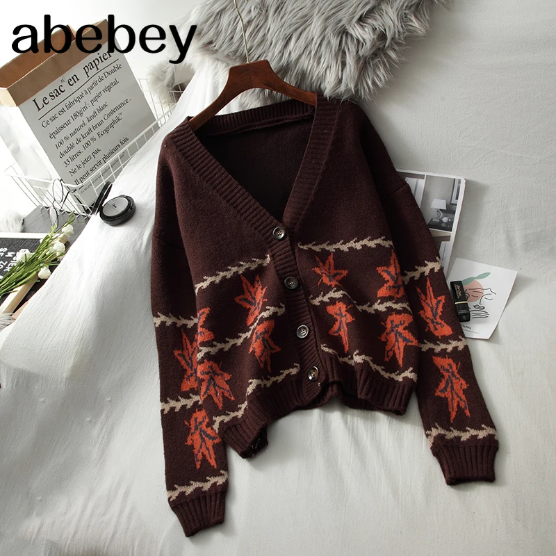 

V-neck Chic Panelled Print Women Sweaters Autumn New Single Breasted Knitted Jacket Ins Loose Casual Warm Cardigans